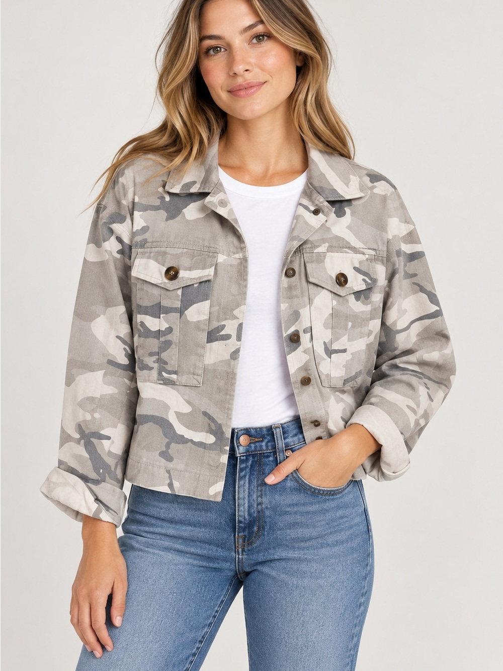 Dolan Women's Grey Camo Utility Jacket - Casual Shacket